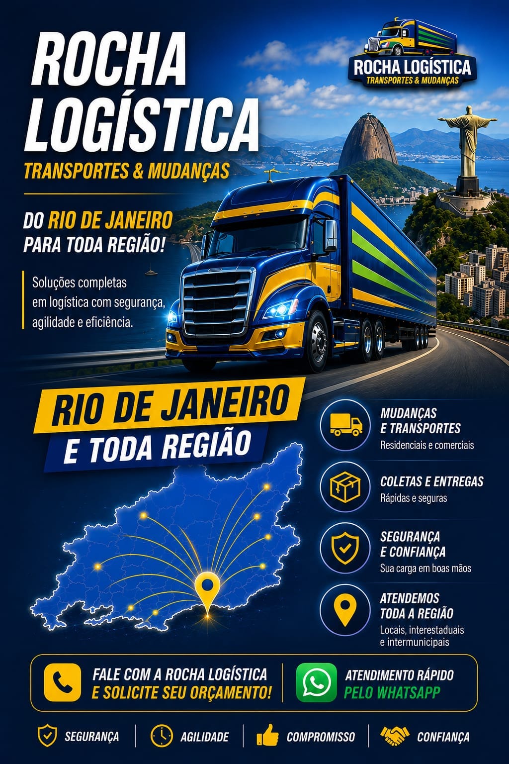 Arte promocional da Rocha Logística com caminhão no Rio de Janeiro