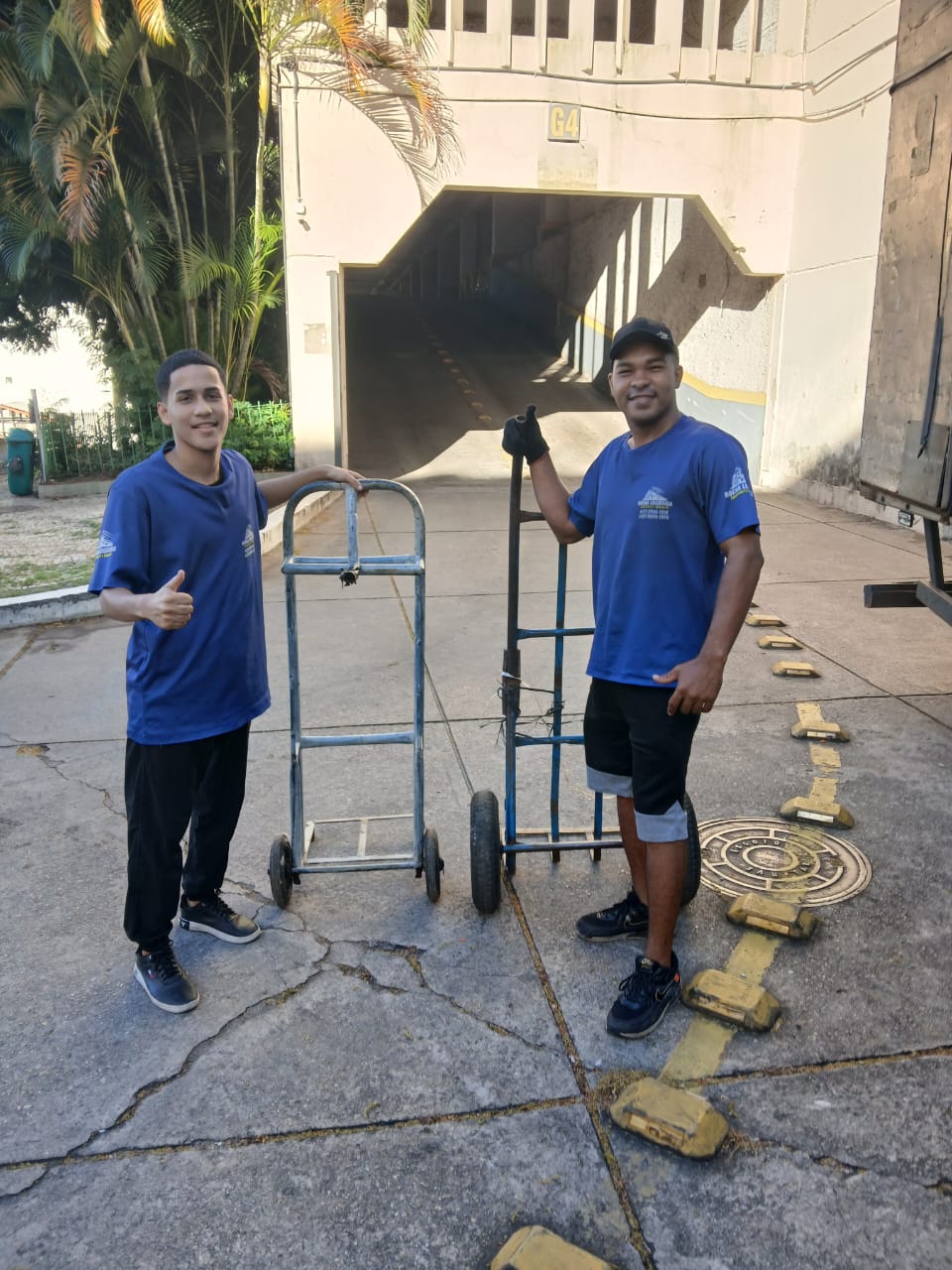 Equipe com carrinhos de carga prontos para a mudança